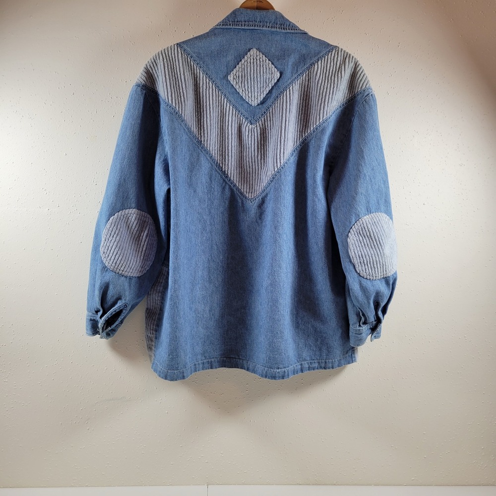Vintage B.X.B Denim Jacket Women L Blue  Corduroy Mixed Media Michigan Buttons - Picture 2 of 9